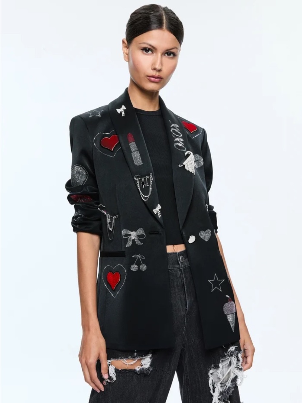 ALICE + OLIVIA IVAN EMBELLISHED BLACK BLAZER JACKET SIZE L